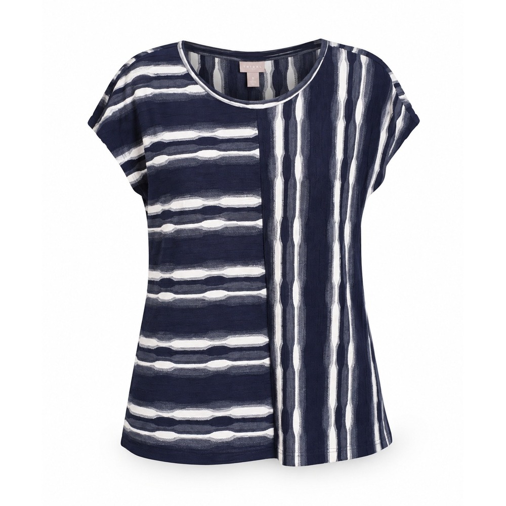 Chico's Size 2 Navy Blue White Striped Textured Short Sleeve Knit Top Large